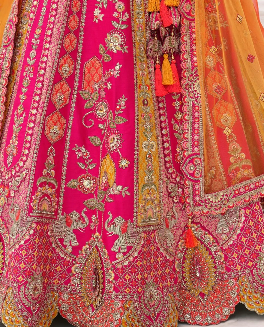 HOTPINK - Hot Pink & Green Fancy Silk Lehenga Choli With Cut Work Embroidery Border & Stone Work